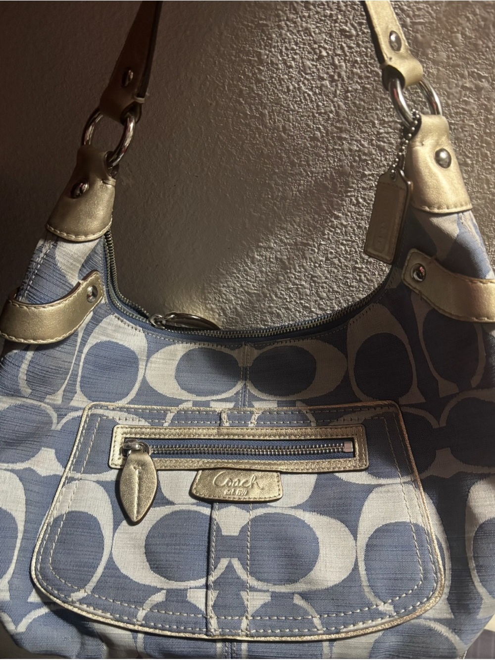 Coach Blue Signature Jacquard Shoulder Hobo with Gold Trim